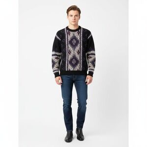 ASH CREEK VINTAGE Mens Large Sweater Black Purple Cream Geometric Crew Neck